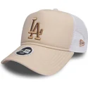 rosa-trucker-kappe-mit-bronzenem-logo-9forty-essential-der-los-angeles-dodgers-mlb-von-new-era