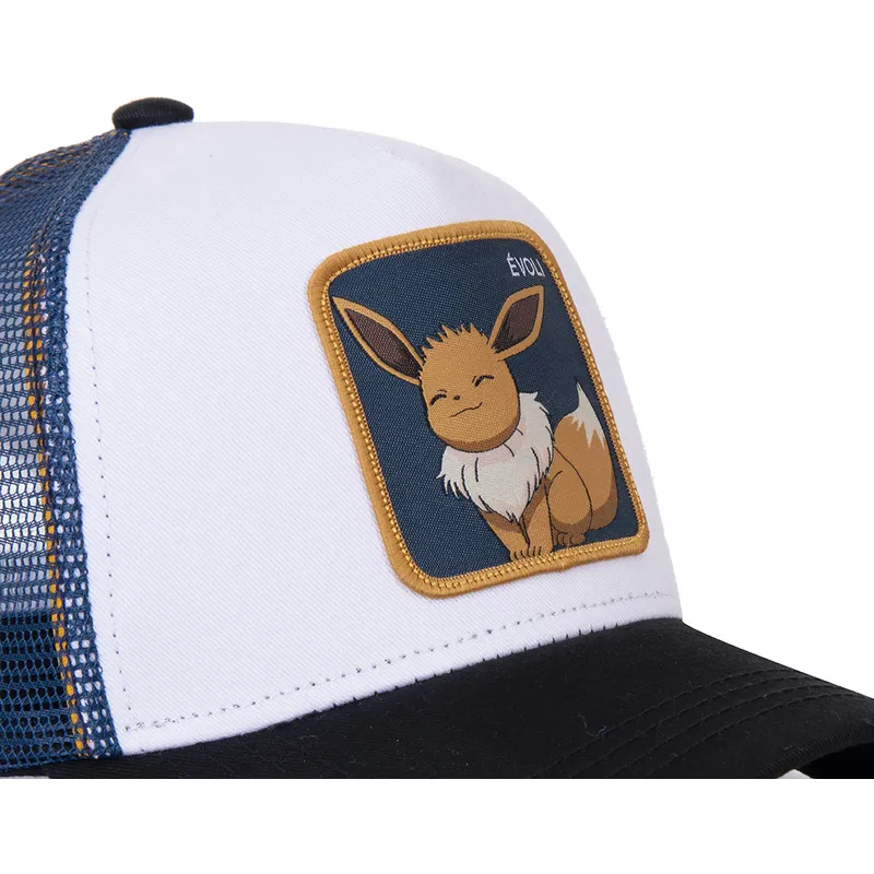 weisse-blaue-und-schwarze-trucker-kappe-eevee-evo3-pokemon-von-capslab