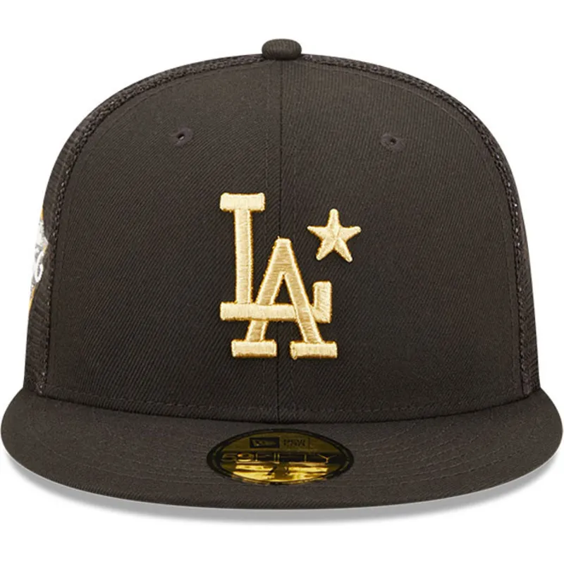 schwarze-flat-brim-trucker-cap-mit-goldenem-logo-59fifty-all-star-game-los-angeles-dodgers-mlb-von-new-era