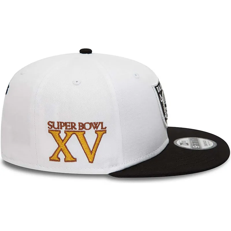mutzen-flach-weiss-snapback-9fifty-crown-patches-super-bowl-xv-der-las-vegas-raiders-nfl-von-new-era
