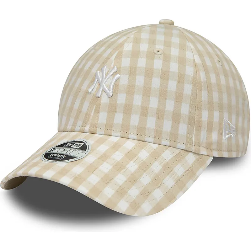 mutzen-gebogen-beige-verstellbares-band-9forty-gingham-der-new-york-yankees-mlb-von-new-era