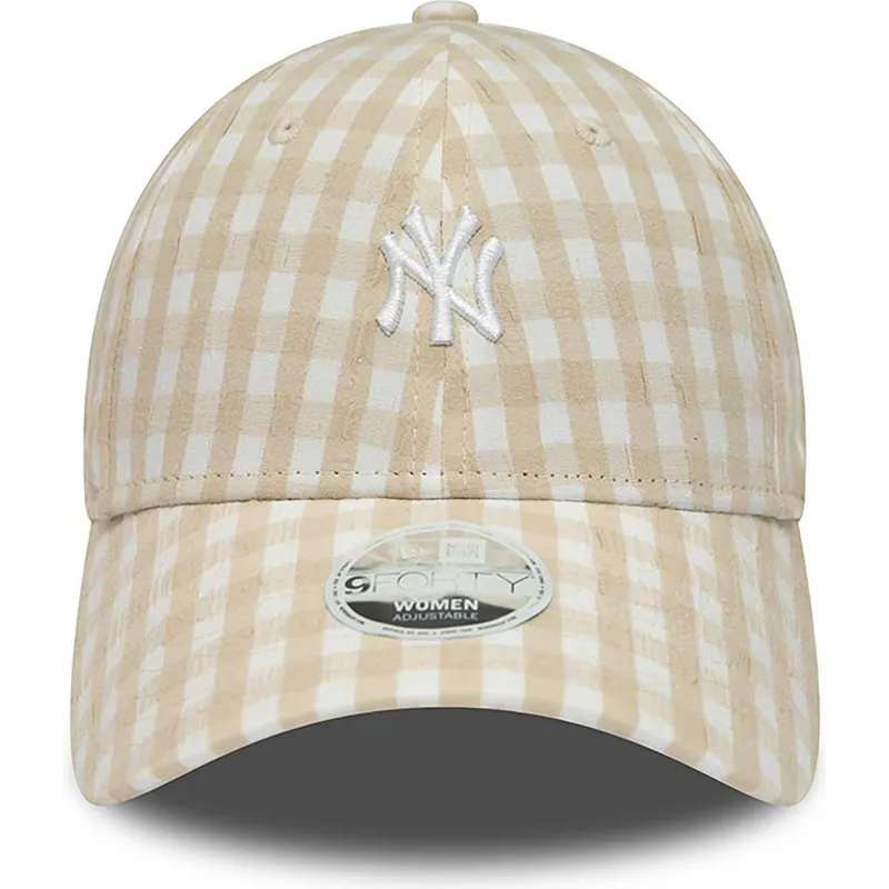 mutzen-gebogen-beige-verstellbares-band-9forty-gingham-der-new-york-yankees-mlb-von-new-era