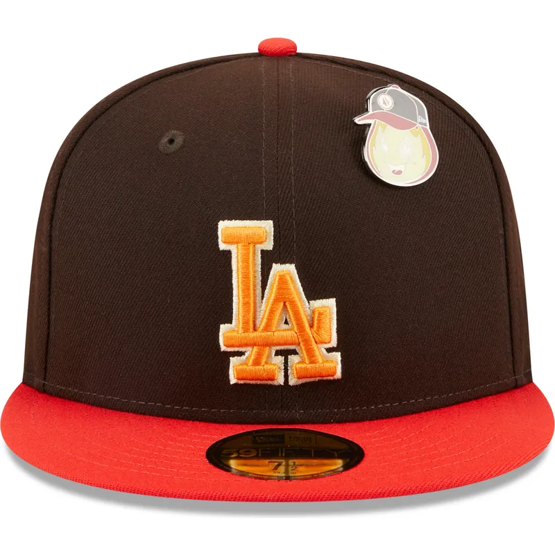braune-und-rote-anliegende-59fifty-flatcap-the-elements-fire-pin-der-los-angeles-dodgers-mlb-von-new-era