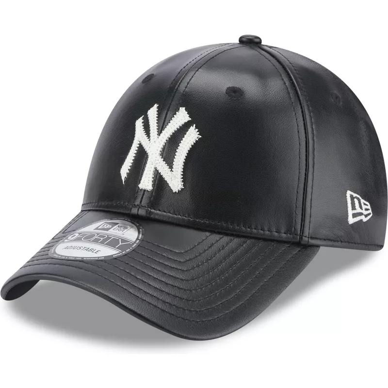 New Era Curved MLB Cap Yankees Black Brim 9FORTY Leather Adjustable New York