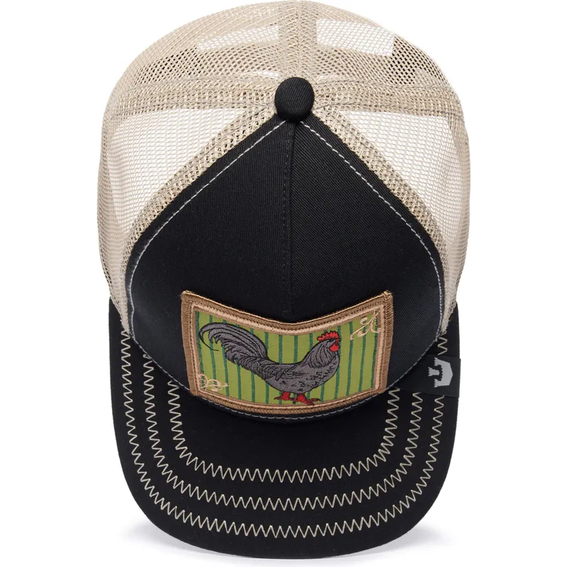 goorin-bros-ye-olde-cock-the-farm-retro-classic-trucker-cap-in-schwarz-und-beige-mit-hahn-motiv