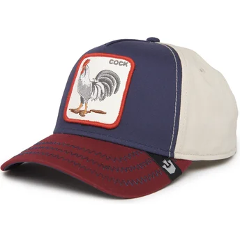 dunkelblaue-beige-und-rote-curved-cap-snapback-hahn-cock-all-american-rooster-100-the-farm-all-over-canvas-von-goorin-bros