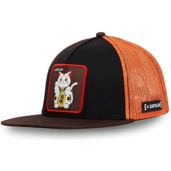 Schwarze und orangefarbene Flat-Brim Trucker-Kappe Maneki-Neko Lucky Cat LUC von Capslab