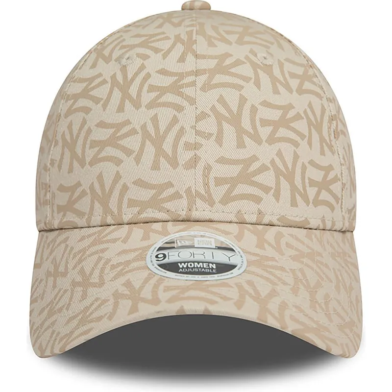 beige-gebogene-verstellbare-damenkappe-9forty-monogram-der-new-york-yankees-mlb-von-new-era