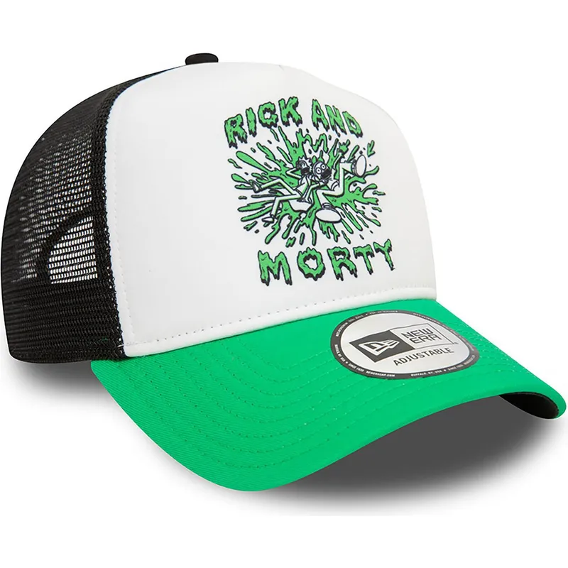 weisse-schwarze-und-grune-a-frame-character-trucker-kappe-von-rick-und-morty-von-new-era