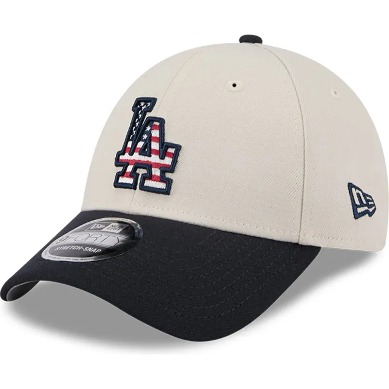 beige-und-marineblaue-gebogene-snapback-kappe-9forty-stretch-snap-4th-of-july-der-los-angeles-dodgers-mlb-von-new-era