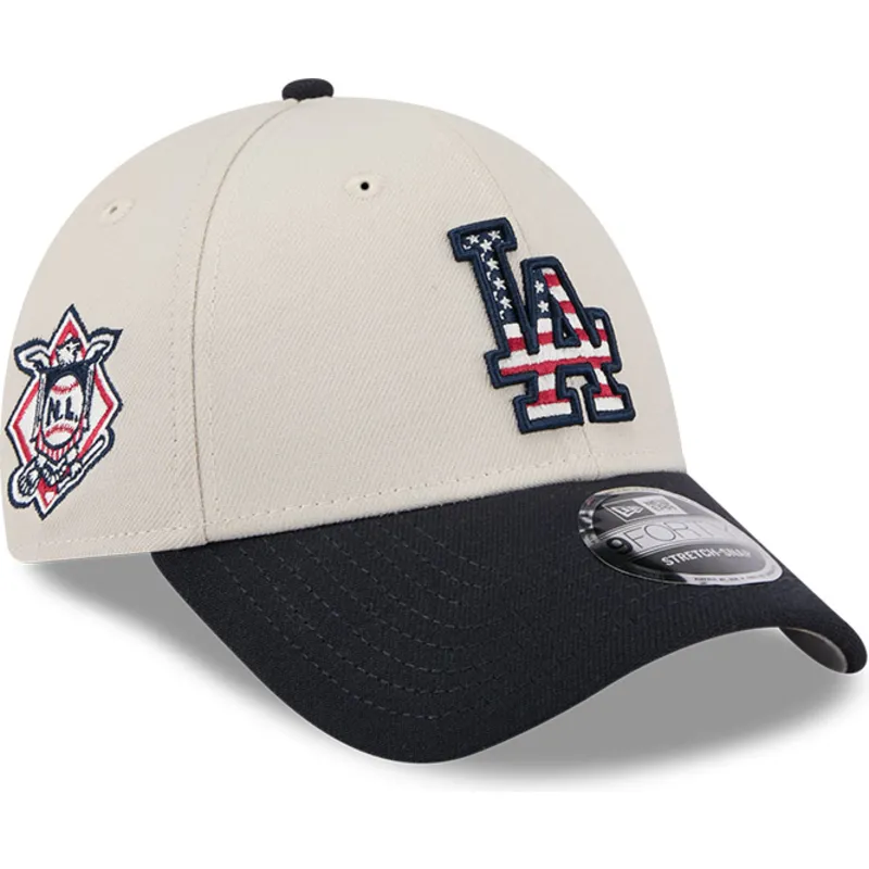beige-und-marineblaue-gebogene-snapback-kappe-9forty-stretch-snap-4th-of-july-der-los-angeles-dodgers-mlb-von-new-era