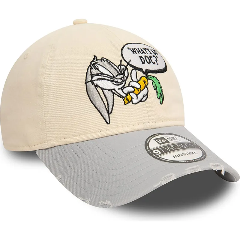 beige-und-graue-verstellbare-9twenty-washed-kappe-mit-gebogenem-schirm-von-bugs-bunny-looney-tunes-von-new-era