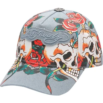 Ed Hardy Verstellbare blaue Skull Rose Denim Kappe mit gebogenem Schirm