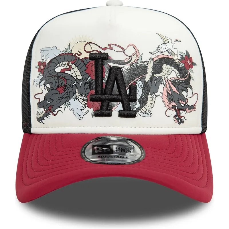 weisse-schwarze-und-rote-9forty-a-frame-graphic-trucker-cap-der-los-angeles-dodgers-mlb-dragon-von-new-era
