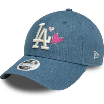 New Era Curved Brim Women 9FORTY Denim Icon Heart Los Angeles Dodgers MLB Blue Adjustable Cap