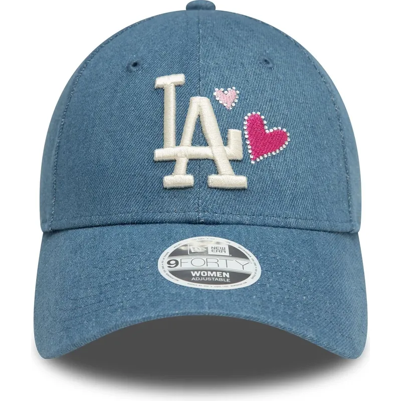 blaue-verstellbare-curved-cap-fur-damen-9forty-denim-icon-heart-der-los-angeles-dodgers-mlb-von-new-era