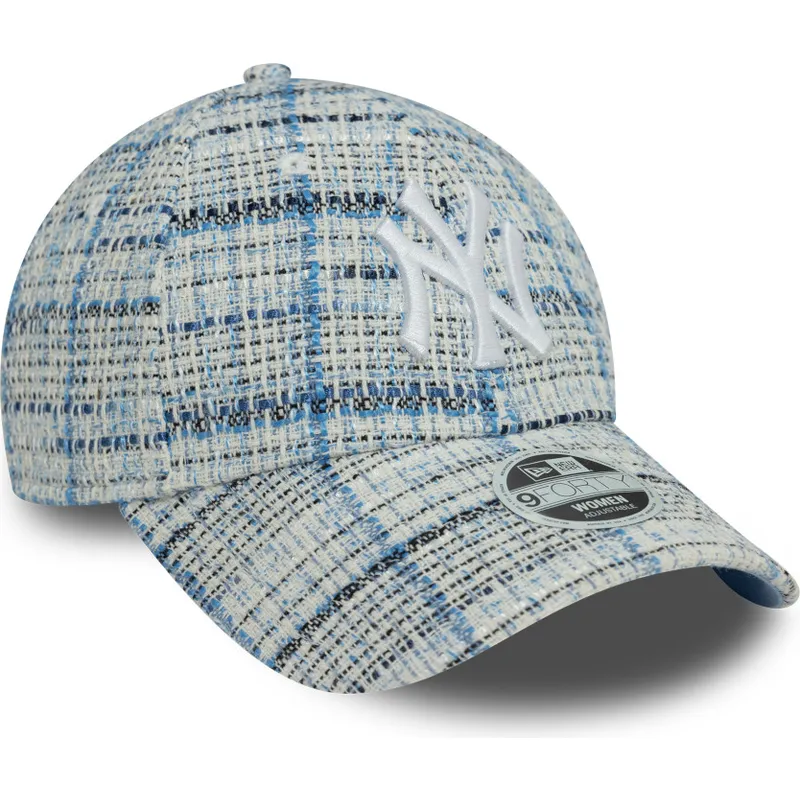 blaue-gebogene-verstellbare-damenkappe-9forty-tweed-der-new-york-yankees-mlb-von-new-era