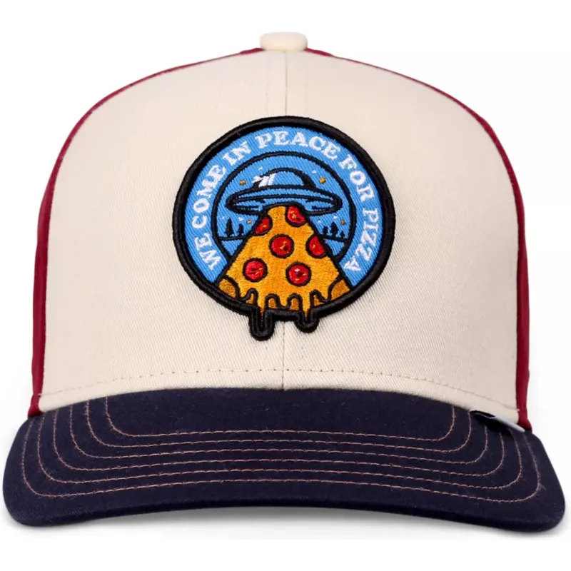 beige-rote-und-blaue-gebogene-snapback-kappe-fur-kinder-peace-pizza-food-von-djinns