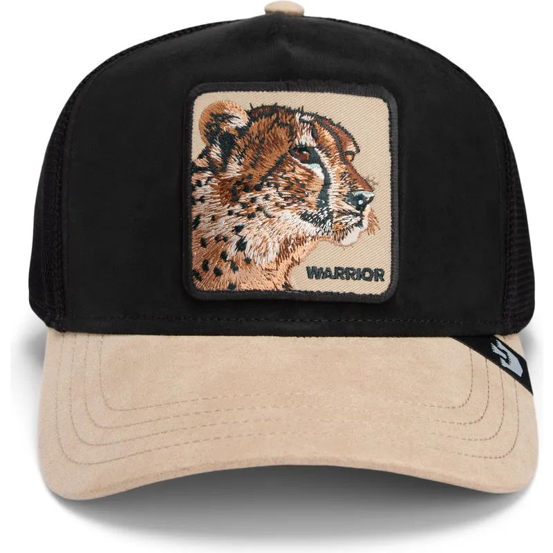 trucker-cap-schwarz-und-beige-gepard-warrior-the-suede-cheetah-global-core-micro-suede-the-farm-von-goorin-bros