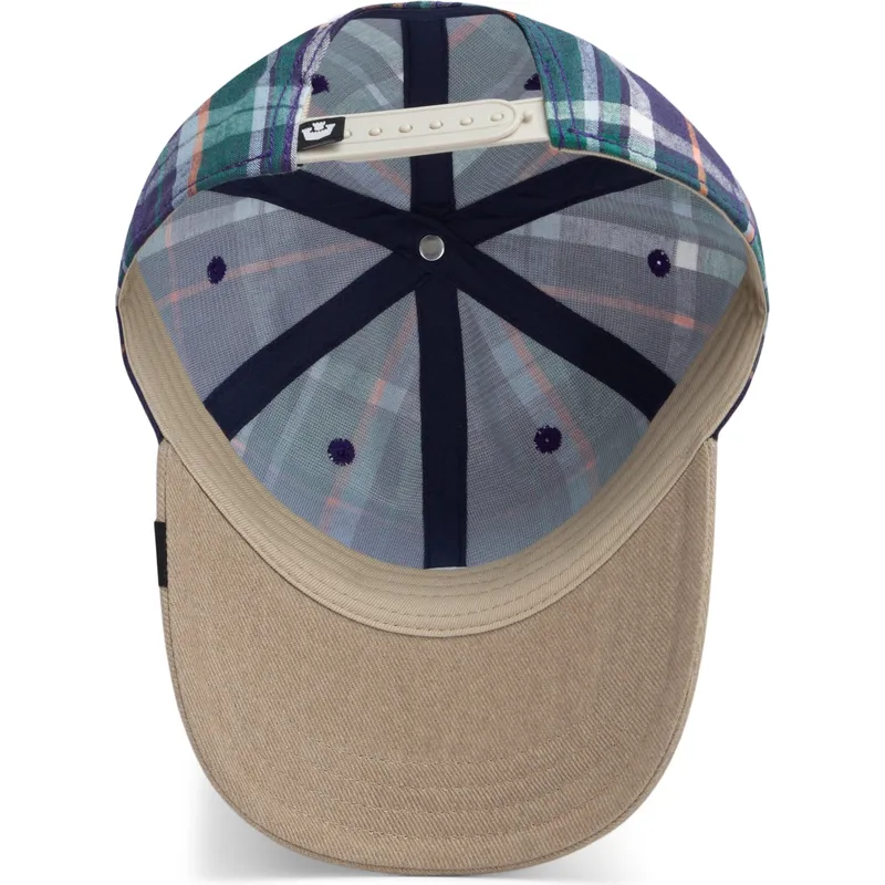 goorin-bros-curved-brim-hardly-working-papa-cap-madras-the-farm-marineblaue-und-braune-snapback-cap