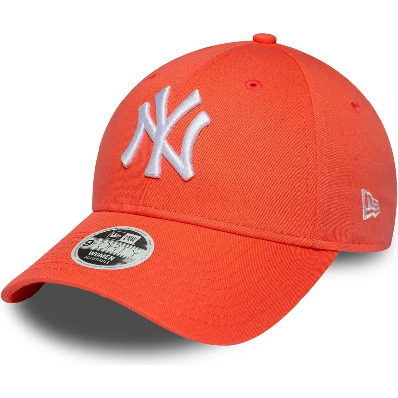gebogene-orangefarbene-verstellbare-damenkappe-9forty-league-essential-der-new-york-yankees-mlb-von-new-era