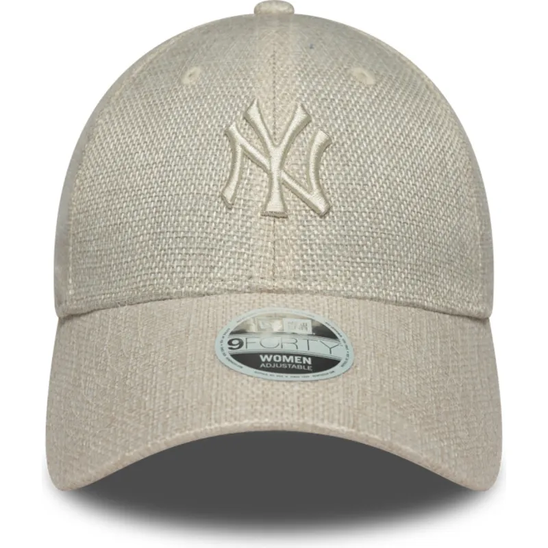 beige-gebogene-verstellbare-damenkappe-9forty-woven-der-new-york-yankees-mlb-von-new-era