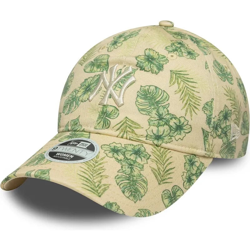 beige-verstellbare-curved-cap-fur-damen-9twenty-all-over-print-tropical-der-new-york-yankees-mlb-von-new-era