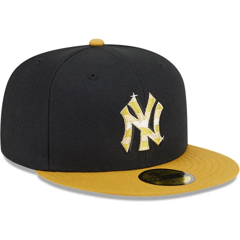 schwarze-und-gelbe-anliegende-flatcap-mit-goldenem-logo-59fifty-day-von-new-york-yankees-mlb-von-new-era