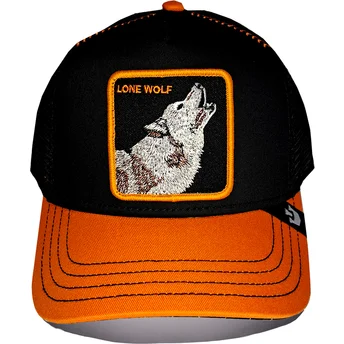 Schwarze und orangefarbene Trucker-Kappe Wolf Solo Wolf Fab Farm von Goorin Bros.