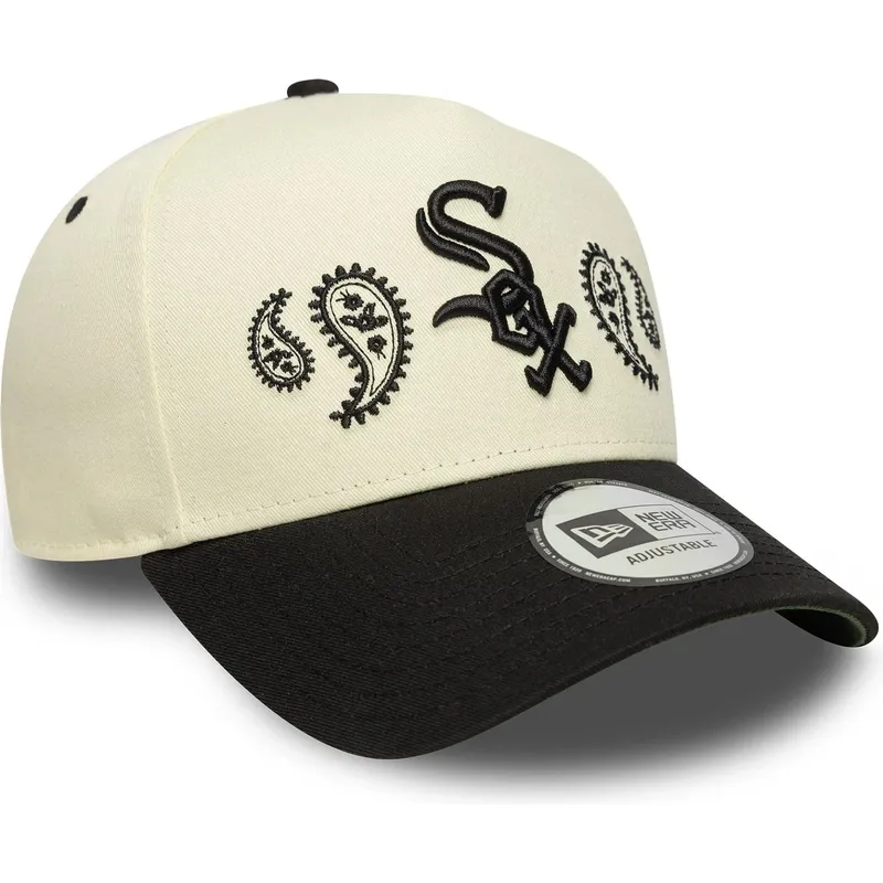beige-und-schwarze-gebogene-kappe-snapback-a-frame-paisley-von-chicago-white-sox-mlb-von-new-era