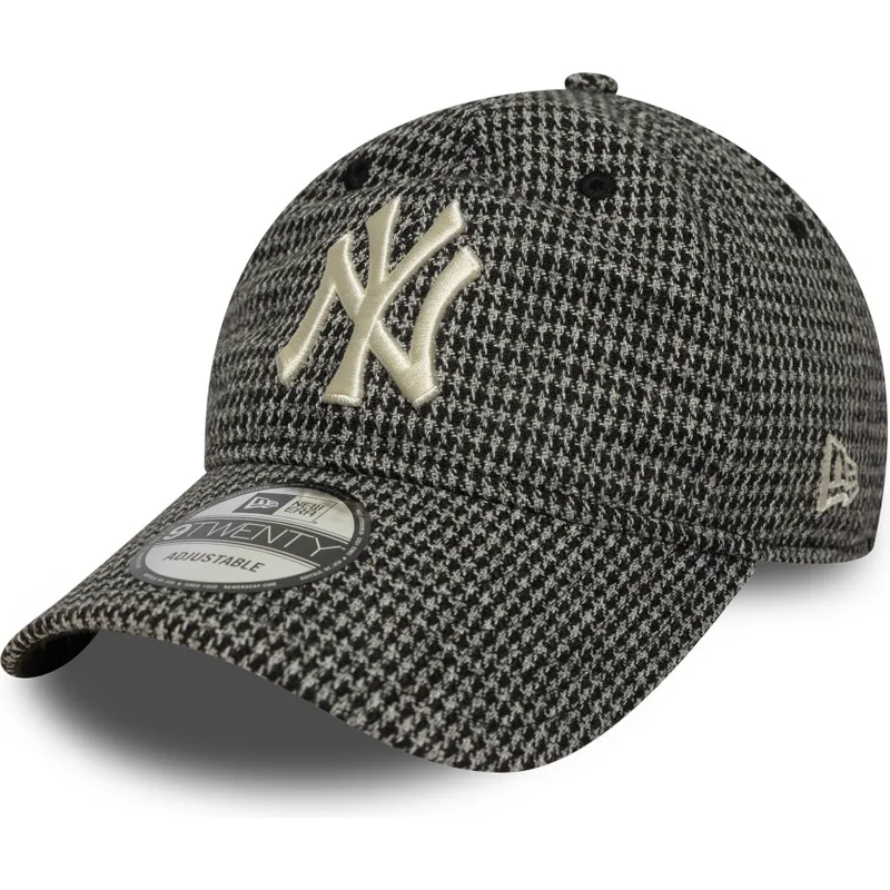 verstellbare-schwarze-9twenty-kappe-mit-gebogenem-schirm-im-hahnentrittmuster-der-new-york-yankees-mlb-von-new-era