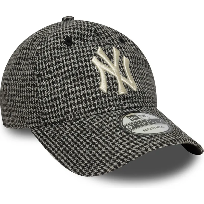 verstellbare-schwarze-9twenty-kappe-mit-gebogenem-schirm-im-hahnentrittmuster-der-new-york-yankees-mlb-von-new-era