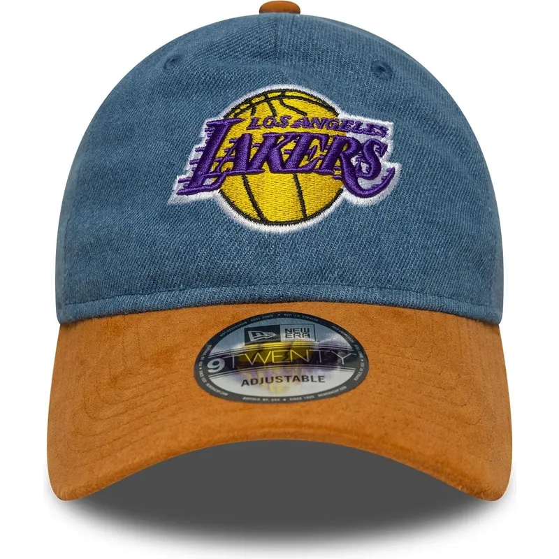 blaue-und-braune-verstellbare-curved-cap-9twenty-denim-midi-der-los-angeles-lakers-nba-von-new-era