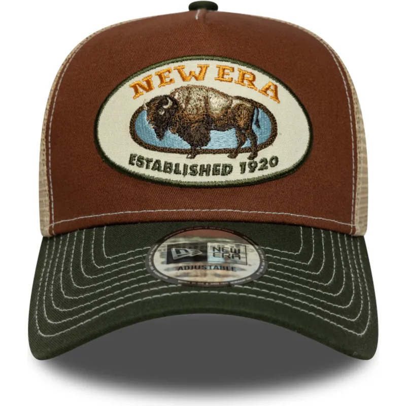 trucker-cap-braun-und-grun-a-frame-animal-patch-buffel-von-new-era