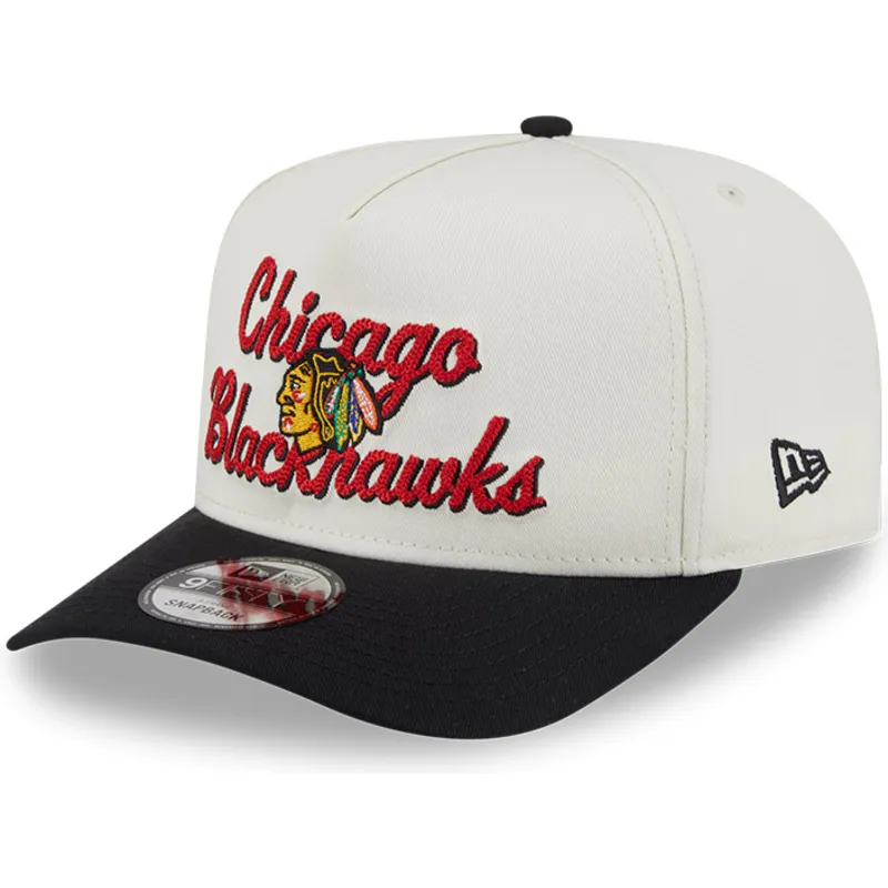 beige-und-schwarze-gebogene-snapback-kappe-9fifty-a-frame-chainstitch-der-chicago-blackhawks-nhl-von-new-era