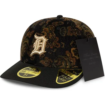 Schwarze gebogene Kappe 59FIFTY Low Profile Floral Cord Three Looms Bedruckter Kord Detroit Tigers MLB von New Era