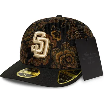 San Diego Padres MLB New Era 59FIFTY Low Profile Floral Cord Three Looms Bedruckte Kord-Kappe in Schwarz mit gebogenem Schirm