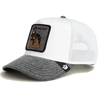 Weiß-graue Trucker-Kappe Rottweiler Hund Bad Boy Denim The Farm von Goorin Bros.