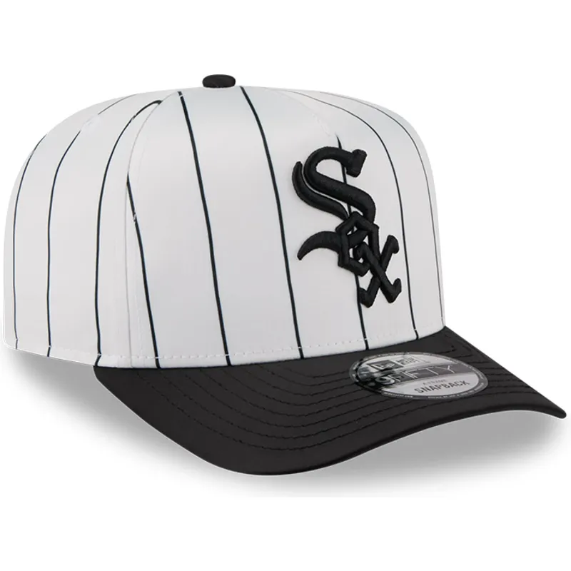 weisse-und-schwarze-gebogene-snapback-kappe-9fifty-a-frame-satin-pinstripe-der-chicago-white-sox-mlb-von-new-era