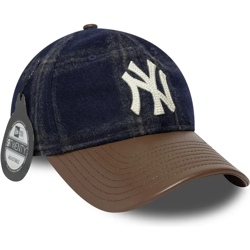 gebogene-marineblau-und-braune-verstellbare-kappe-9twenty-img-loden-leather-von-new-york-yankees-mlb-von-new-era