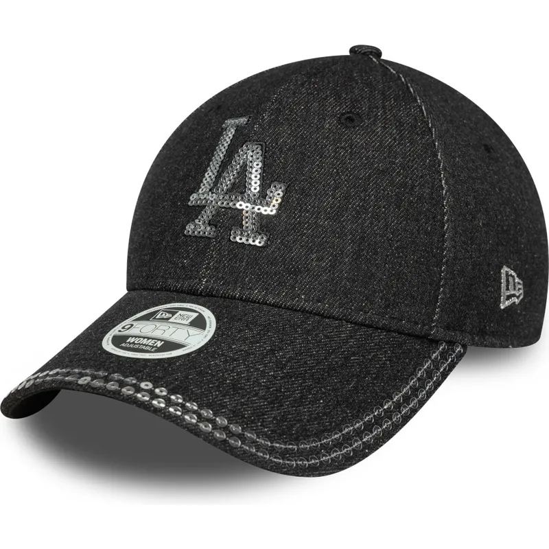 schwarze-verstellbare-curved-cap-fur-damen-9forty-sequin-denim-der-los-angeles-dodgers-mlb-von-new-era