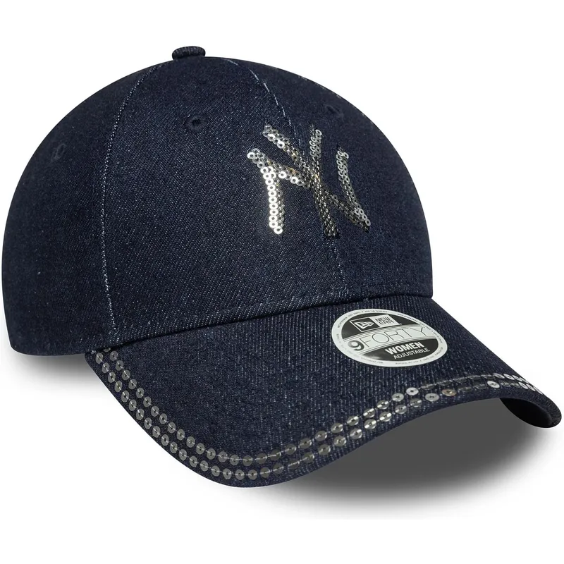 marineblaue-gebogene-verstellbare-damenkappe-9forty-sequin-denim-der-new-york-yankees-mlb-von-new-era