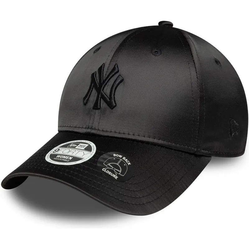 schwarze-verstellbare-curved-cap-fur-damen-mit-schwarzem-logo-9forty-satin-bow-back-der-new-york-yankees-mlb-von-new-era