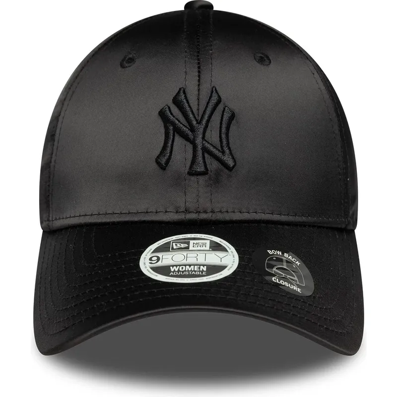schwarze-verstellbare-curved-cap-fur-damen-mit-schwarzem-logo-9forty-satin-bow-back-der-new-york-yankees-mlb-von-new-era