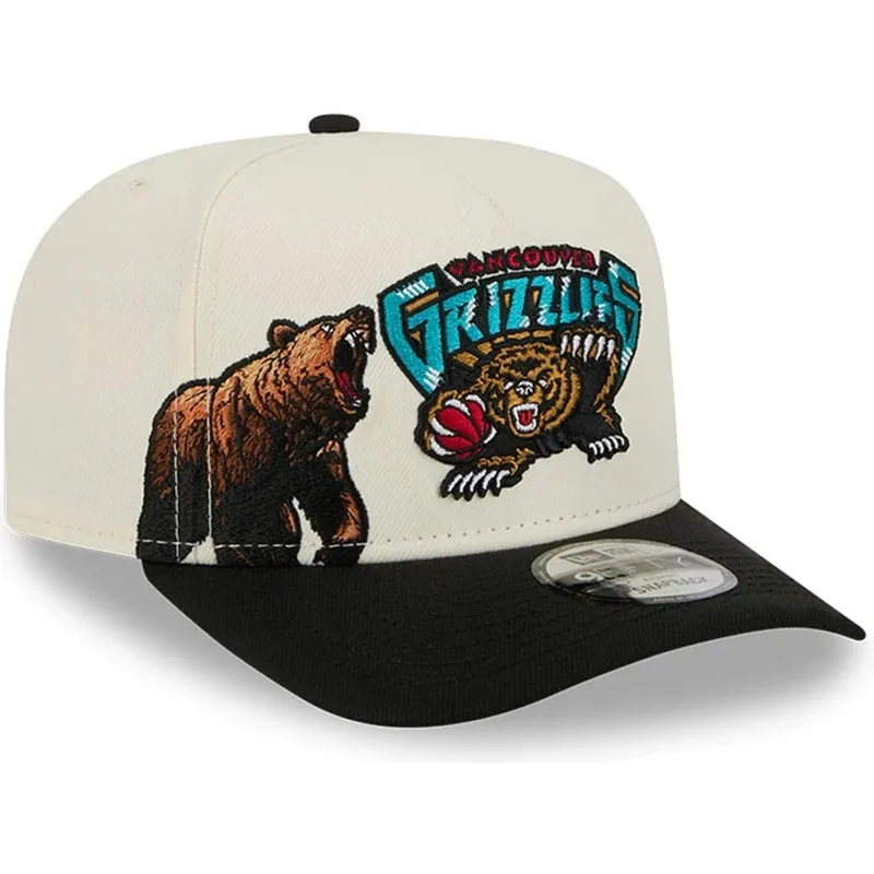 beige-und-schwarze-gebogene-snapback-kappe-9fifty-a-frame-precurved-hardwood-classics-der-vancouver-grizzlies-nba-von-new-era