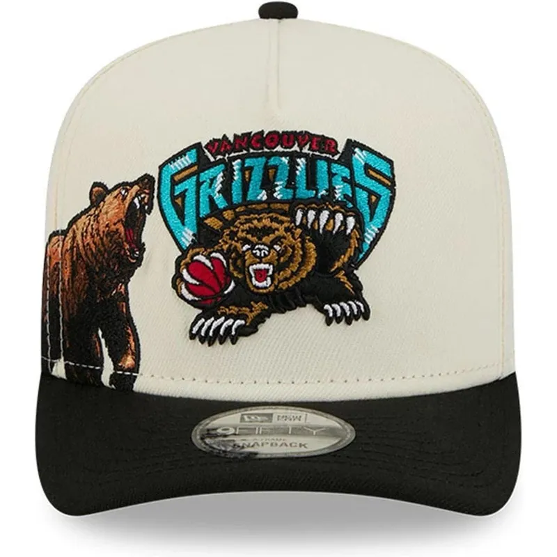 beige-und-schwarze-gebogene-snapback-kappe-9fifty-a-frame-precurved-hardwood-classics-der-vancouver-grizzlies-nba-von-new-era