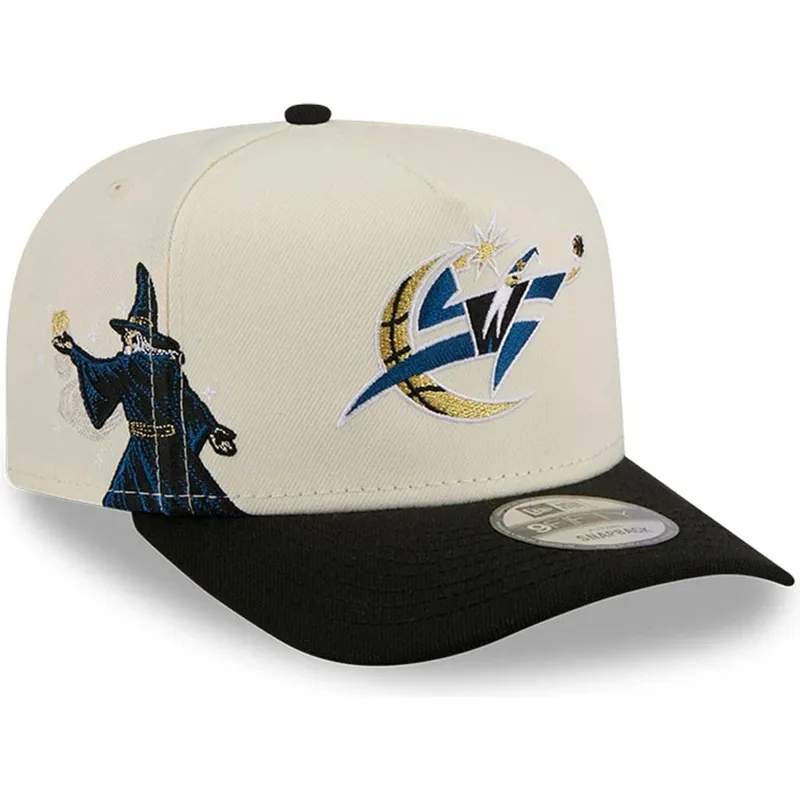 beige-und-schwarze-gebogene-snapback-kappe-9fifty-a-frame-precurved-hardwood-classics-der-washington-wizards-nba-von-new-era