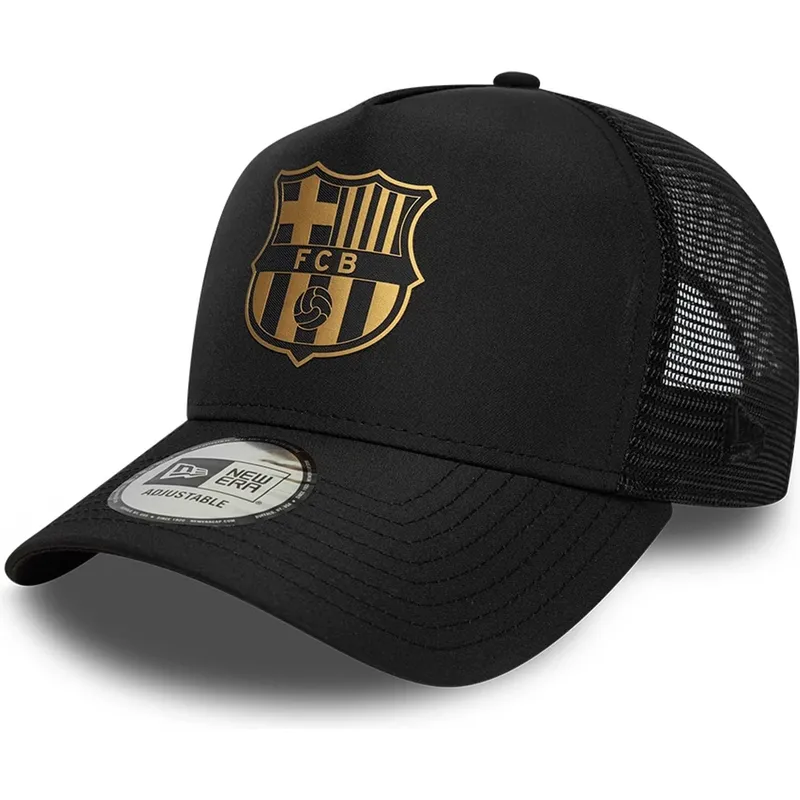 schwarze-fc-barcelona-laliga-a-frame-gold-trucker-kappe-von-new-era