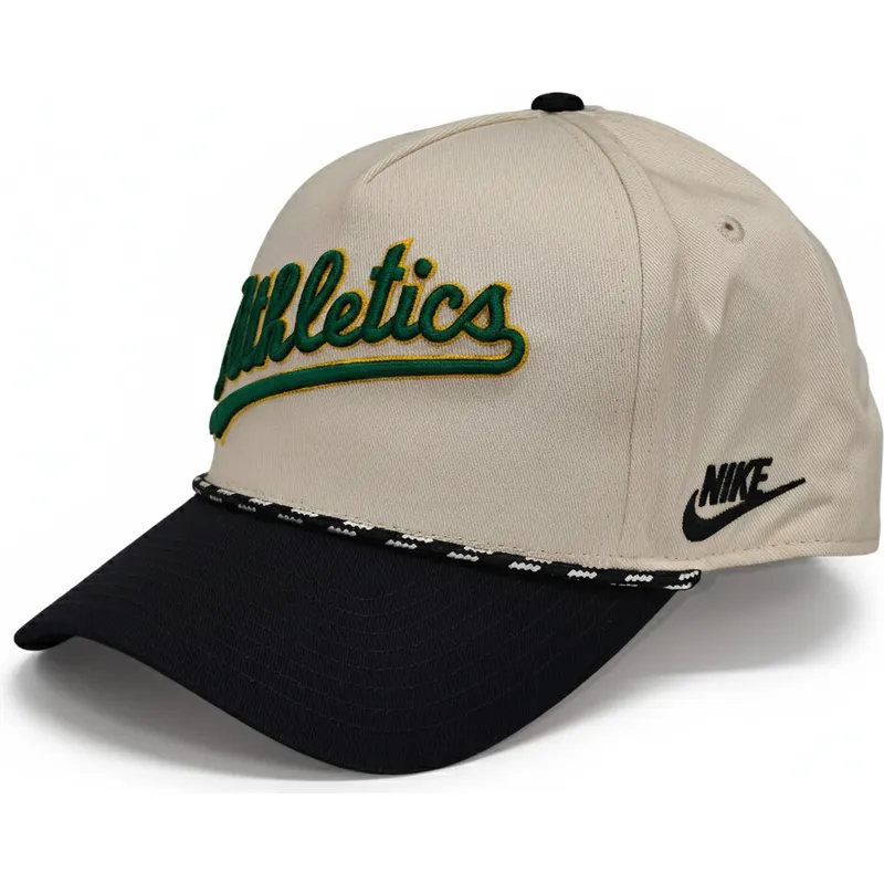 beige-und-schwarze-gebogene-snapback-kappe-rise-structured-der-oakland-athletics-mlb-von-nike