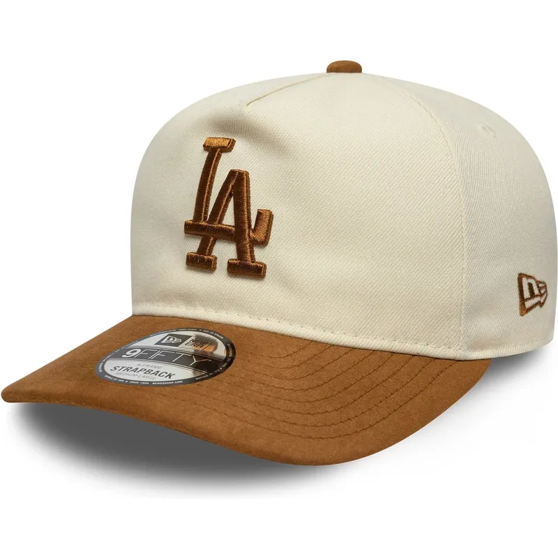 beige-und-braune-verstellbare-curved-cap-9fifty-a-frame-suede-visor-der-los-angeles-dodgers-mlb-von-new-era
